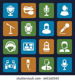Microphone icons set. set of 16 microphone filled icons such as customer support, tv speaker, operator, musical instrument, support, audio system