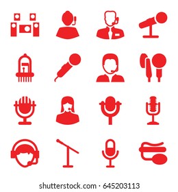 Microphone icons set. set of 16 microphone filled icons such as customer support, operator, musical instrument, support, audio system