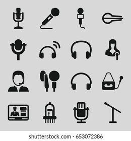 Microphone icons set. set of 16 microphone filled icons such as microphone, woman speaker, tv speaker, headset, musical instrument