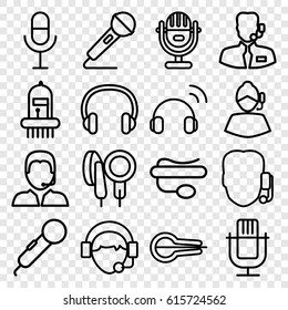 Microphone icons set. set of 16 microphone outline icons such as operator, musical instrument, support, headset