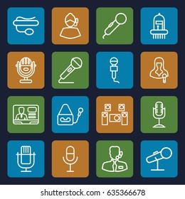 Microphone icons set. set of 16 microphone outline icons such as woman speaker, tv speaker, musical instrument, audio system, help support