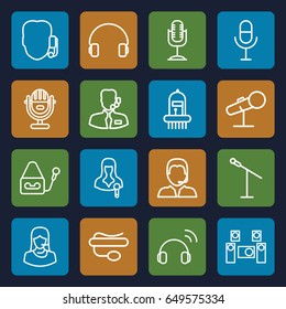 Microphone icons set. set of 16 microphone outline icons such as customer support, woman speaker, headset, musical instrument, support, audio system