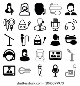Microphone icons. set of 25 editable filled and outline microphone icons such as support, customer support, woman speaker, tv speaker, operator, help support, headset
