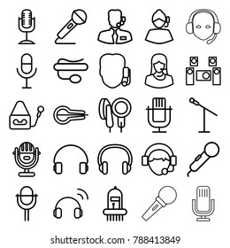 Microphone icons. set of 25 editable outline microphone icons such as support, customer support, headset, operator, musical instrument, audio system