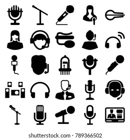 Microphone icons. set of 25 editable filled microphone icons such as support, customer support, woman speaker, tv speaker, headset, operator, musical instrument, audio system