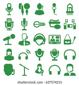 Microphone icons set. set of 25 microphone filled icons such as customer support, woman speaker, tv speaker, headset, operator, musical instrument, support, audio system
