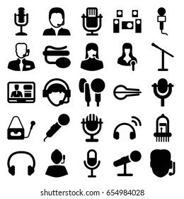 Microphone icons set. set of 25 microphone filled icons such as customer support, woman speaker, tv speaker, operator, musical instrument, support, headset, audio system