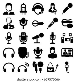 Microphone icons set. set of 25 microphone filled icons such as customer support, woman speaker, tv speaker, headset, operator, musical instrument, support, audio system