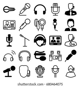 Microphone icons set. set of 25 microphone filled and outline icons such as tv speaker, headset, operator, musical instrument, support, help support