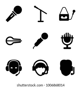 Microphone icons. set of 9 editable filled microphone icons such as support, microphone, operator