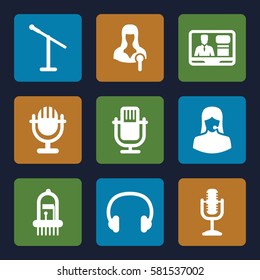 microphone icons set. Set of 9 microphone filled icons such as customer support, woman speaker, TV speaker, microphone, musical instrument