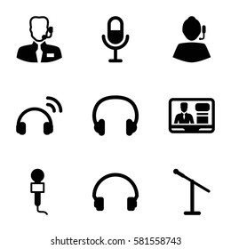 microphone icons set. Set of 9 microphone filled icons such as microphone, TV speaker, headset, help support
