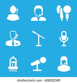 Microphone icons set. set of 9 microphone filled icons such as customer support, microphone, musical instrument, support