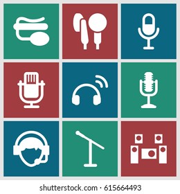 Microphone icons set. set of 9 microphone filled icons such as operator, audio system