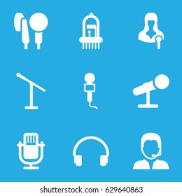 Microphone icons set. set of 9 microphone filled icons such as microphone, woman speaker, headset, musical instrument