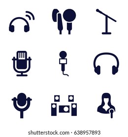 Microphone icons set. set of 9 microphone filled icons such as microphone, woman speaker, headset