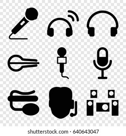 Microphone icons set. set of 9 microphone filled icons such as headset, musical instrument, audio system