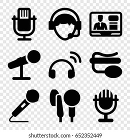 Microphone icons set. set of 9 microphone filled icons such as tv speaker, operator