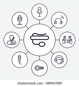 microphone icons set. Set of 9 microphone outline icons such as operator, musical instrument, audio system, help support