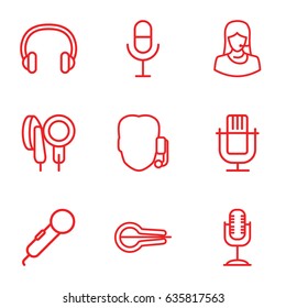 Microphone icons set. set of 9 microphone outline icons such as customer support, microphone, musical instrument, headset