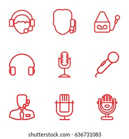 Microphone icons set. set of 9 microphone outline icons such as headset, operator, microphone, help support