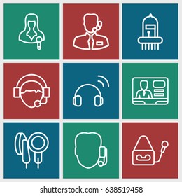 Microphone icons set. set of 9 microphone outline icons such as woman speaker, tv speaker, operator, microphone, musical instrument, help support, headset
