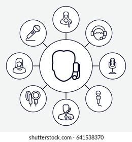 Microphone icons set. set of 9 microphone outline icons such as customer support, microphone, woman speaker, operator, help support