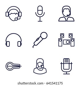 Microphone icons set. set of 9 microphone outline icons such as customer support, microphone, headset, operator, musical instrument, support