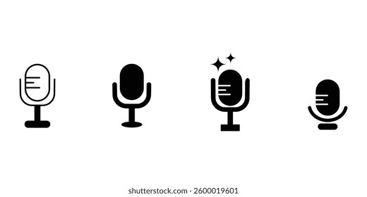 Microphone icons set in black filled and stroke outline. Variant microphone icon, Karaoke mic, Podcast microphone, web and mobile icon set vector illustration.