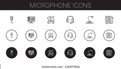 microphone icons set. Collection of microphone with news, gramophone, headphones, newspaper. Editable and scalable microphone icons.