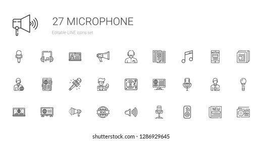 microphone icons set. Collection of microphone with speaker, news report, megaphone, news, music, news reporter, journalist, radio, newspaper. Editable and scalable microphone icons.