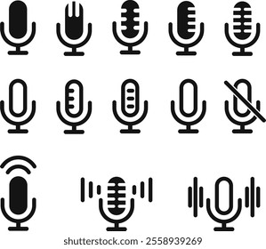 Microphone icons set: Collection of studio and table microphones, including podcast and radio symbols in flat and line styles. Stock vector design.