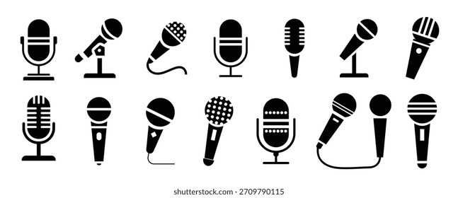 Ícones de microfone definidos. Coleção de microfones diferente. ícone vetor do podcast. Ícone de vetor de voz, Gravar. Microfone - gravação Studio Symbol. Ilustração de vetor