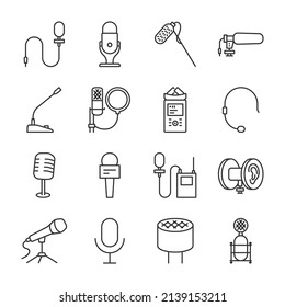 Symbol für Mikrofone eingestellt. Unterschiedliche Gerätetypen, Lavalier, Pop-Filter, Stereo, Voice-Recorder, etc., Icon-Sammlung. Linie mit bearbeitbarem Hub