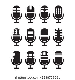 Microphone icons set in flat style. Stroke vector elements for trendy design. Simple pictograms for mobile concept and web apps. Vector icons isolated on a white background. Podcast radio icon. 