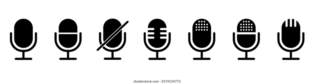 Microphone icons set. Karaoke mic. Podcast microphone.
Collection of microphone silhouettes. Vector illustration