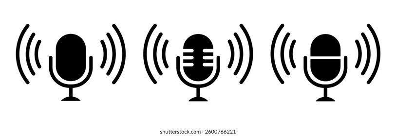 Microphone icons set. Karaoke mic. Podcast microphone.
Collection of microphone silhouettes. Vector illustration