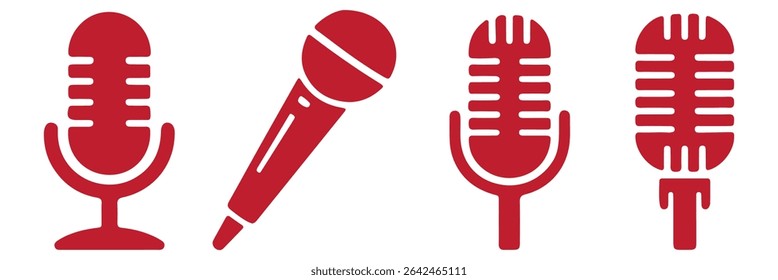 Ícones de microfone definidos. Microfone de Karaokê. Microfone Podcast. Coleção de silhuetas de microfone. Ilustração vetorial