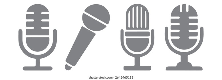 Ícones de microfone definidos. Microfone de Karaokê. Microfone Podcast. Coleção de silhuetas de microfone. Ilustração vetorial