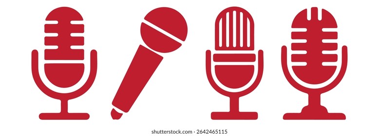 Ícones de microfone definidos. Microfone de Karaokê. Microfone Podcast. Coleção de silhuetas de microfone. Ilustração vetorial