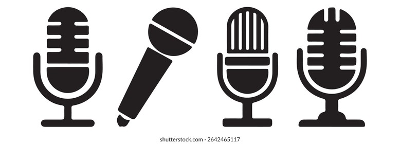 Microphone icons set. Karaoke mic. Podcast microphone. Collection of microphone silhouettes. Vector illustration