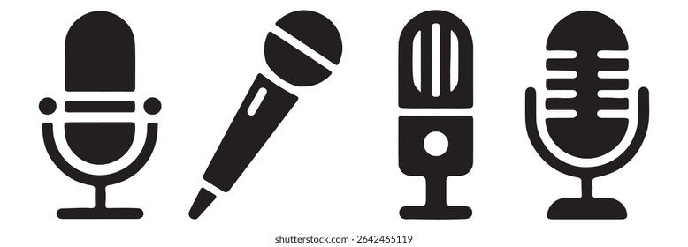 Ícones de microfone definidos. Microfone de Karaokê. Microfone Podcast. Coleção de silhuetas de microfone. Ilustração vetorial