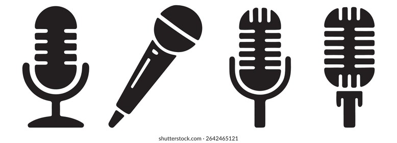 Ícones de microfone definidos. Microfone de Karaokê. Microfone Podcast. Coleção de silhuetas de microfone. Ilustração vetorial