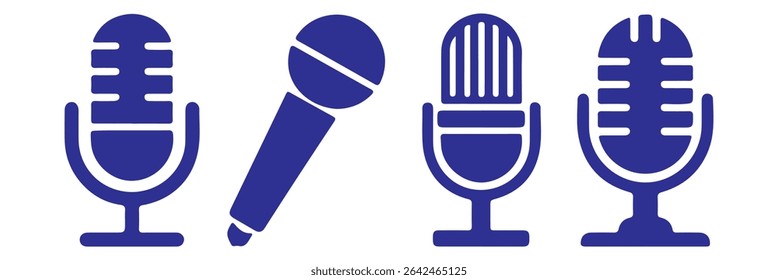 Ícones de microfone definidos. Microfone de Karaokê. Microfone Podcast. Coleção de silhuetas de microfone. Ilustração vetorial