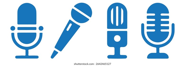 Ícones de microfone definidos. Microfone de Karaokê. Microfone Podcast. Coleção de silhuetas de microfone. Ilustração vetorial