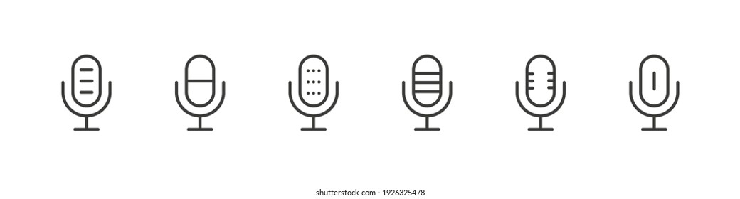 Microphone icons set. Mic signs. Podcast icons. Studio microphone. Linear style. Vector illustration