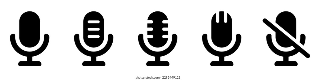 Microphone icons set. Mute and unmute audio microphone. Web and mobile microphone. Different microphones.