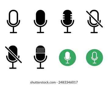 Microphone icons set. podcast mic set.Interview mic icon set. Audio record thin outline signs. Broadcast micrphone icons set.