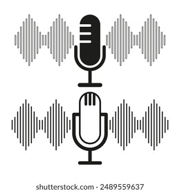 Microphone icons set. Sound wave symbols. Black and white. Vector illustration.