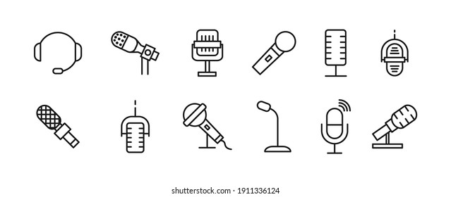 Microphone Icons Set, Thin Line. Outline Vector Microphones